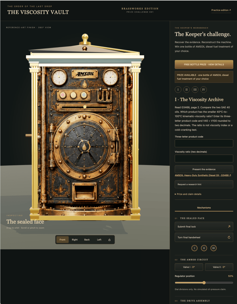 Brass steampunk Viscosity Vault with gauges, buttons, valves and the Keeper’s challenge panel